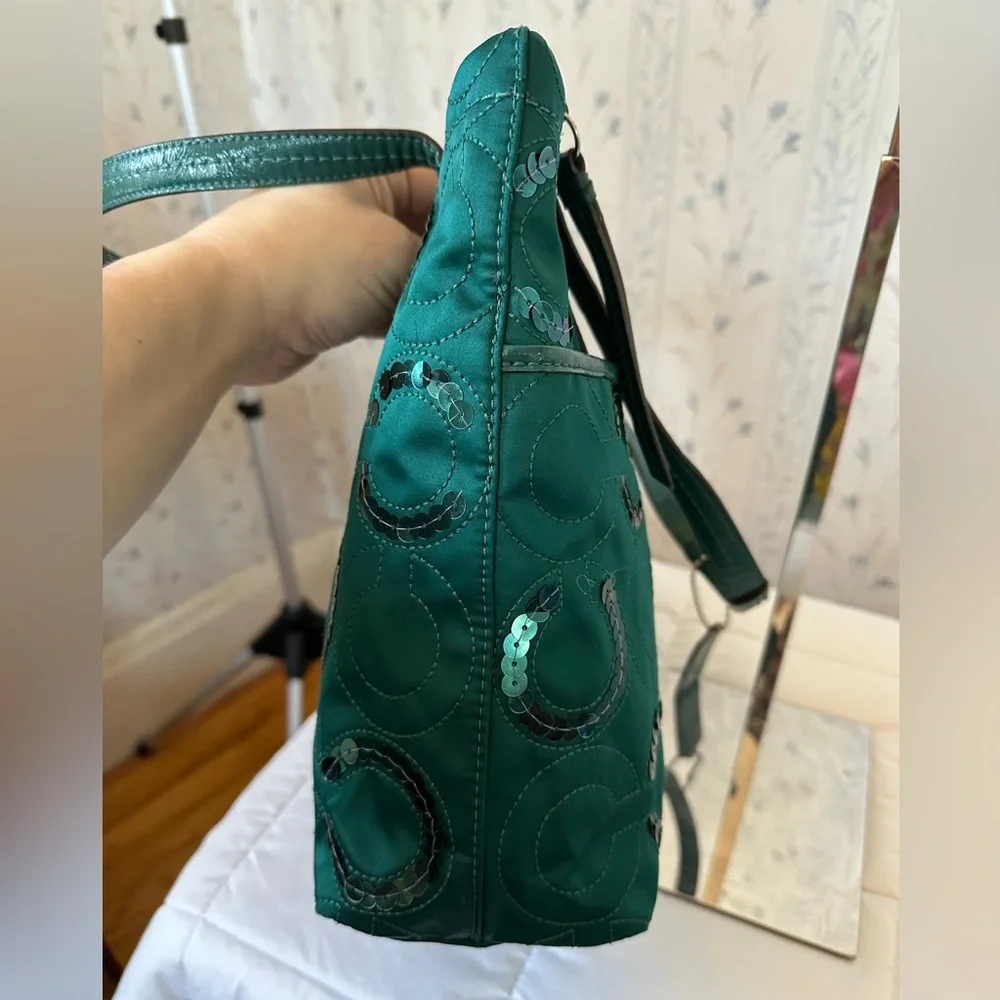 Coach Emerald Satin Tote with Circle Sequin Pattern - Picture 7 of 16